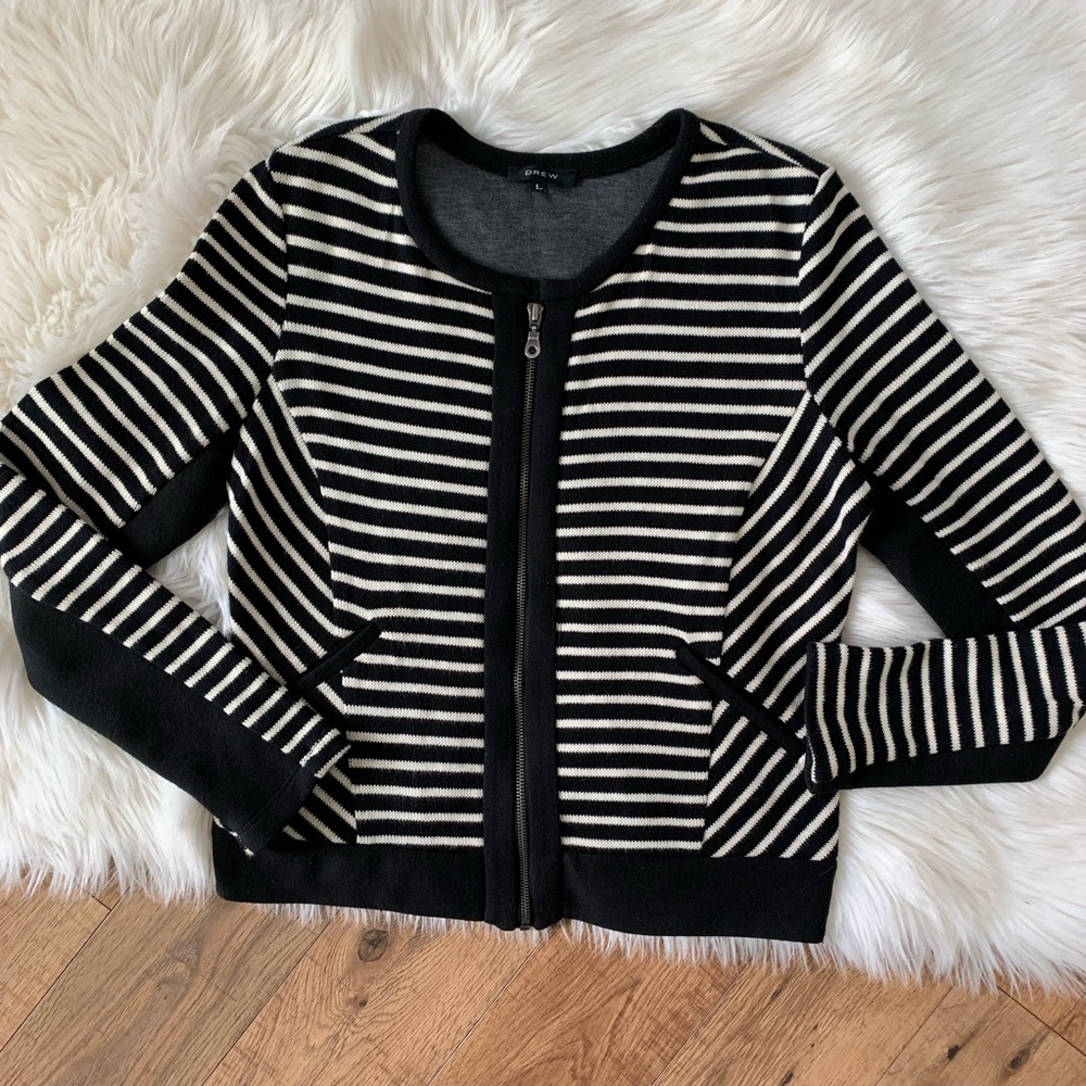 DREW Striped Sweater Jacket Black White Zipper Front Pockets Womens Large